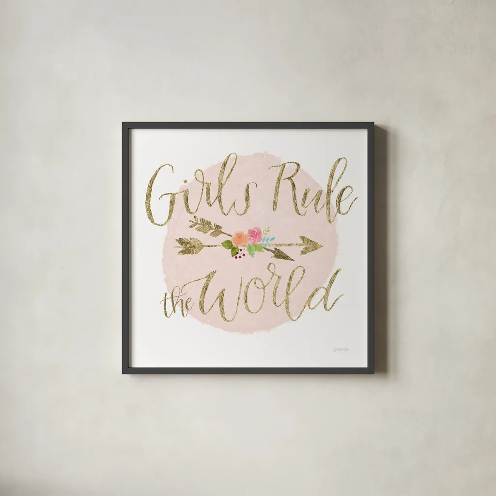 Girl Power III v2 Bright by Jenaya Jackson. Shown in a sleek black glass frame for a contemporary gallery look. Available as an archival giclee rolled canvas, fine art paper, or poster print. SKU 42884a.