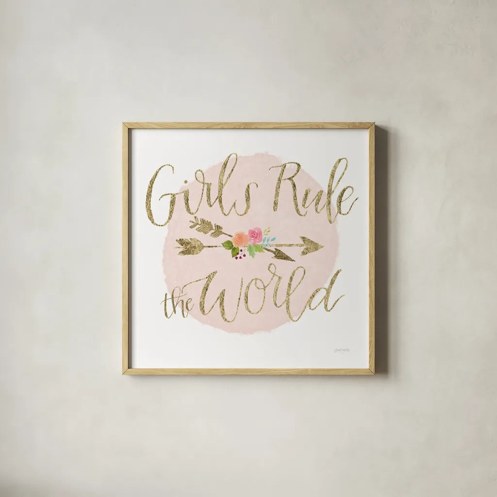 Girl Power III v2 Bright by Jenaya Jackson. Shown in a natural wood glass frame for a timeless modern aesthetic. Available as an archival giclee rolled canvas, fine art paper, or poster print. SKU 42884a.