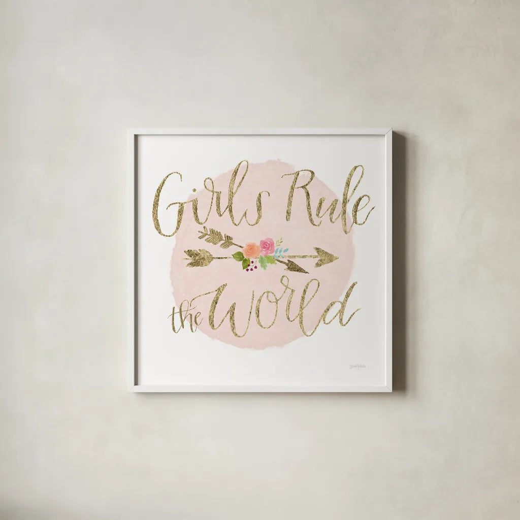 Girl Power III v2 Bright by Jenaya Jackson. Shown in a crisp white glass frame for a clean and minimalist style. Available as an archival giclee rolled canvas, fine art paper, or poster print. SKU 42884a.