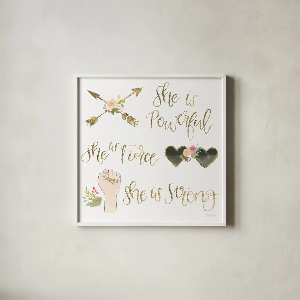 Girl Power IV by Jenaya Jackson. Shown in a crisp white glass frame for a clean and minimalist style. Available as an archival giclee rolled canvas, fine art paper, or poster print. SKU 34607a.