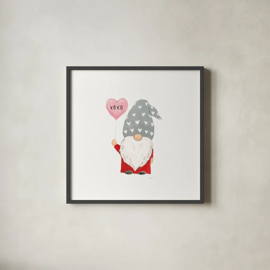 Gnomes in Love II by Jenaya Jackson. Shown in a sleek black glass frame for a contemporary gallery look. Available as an archival giclee rolled canvas, fine art paper, or poster print. SKU 71277a.