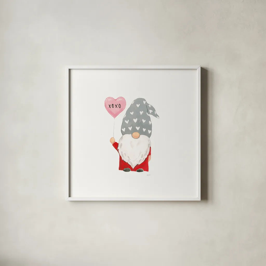 Gnomes in Love II by Jenaya Jackson. Shown in a crisp white glass frame for a clean and minimalist style. Available as an archival giclee rolled canvas, fine art paper, or poster print. SKU 71277a.