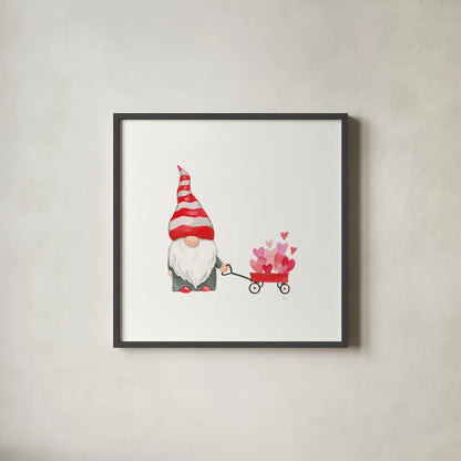 Gnomes in Love III by Jenaya Jackson. Shown in a sleek black glass frame for a contemporary gallery look. Available as an archival giclee rolled canvas, fine art paper, or poster print. SKU 71278a.