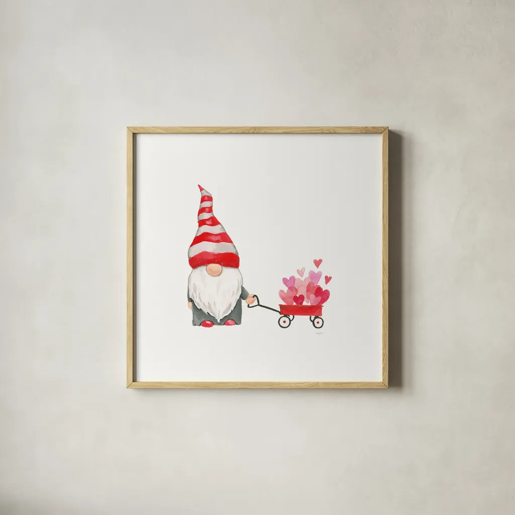 Gnomes in Love III by Jenaya Jackson. Shown in a natural wood glass frame for a timeless modern aesthetic. Available as an archival giclee rolled canvas, fine art paper, or poster print. SKU 71278a.