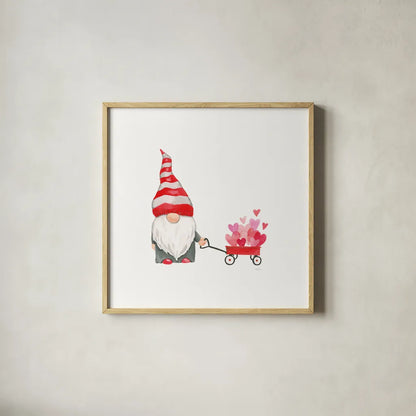 Gnomes in Love III by Jenaya Jackson. Shown in a natural wood glass frame for a timeless modern aesthetic. Available as an archival giclee rolled canvas, fine art paper, or poster print. SKU 71278a.