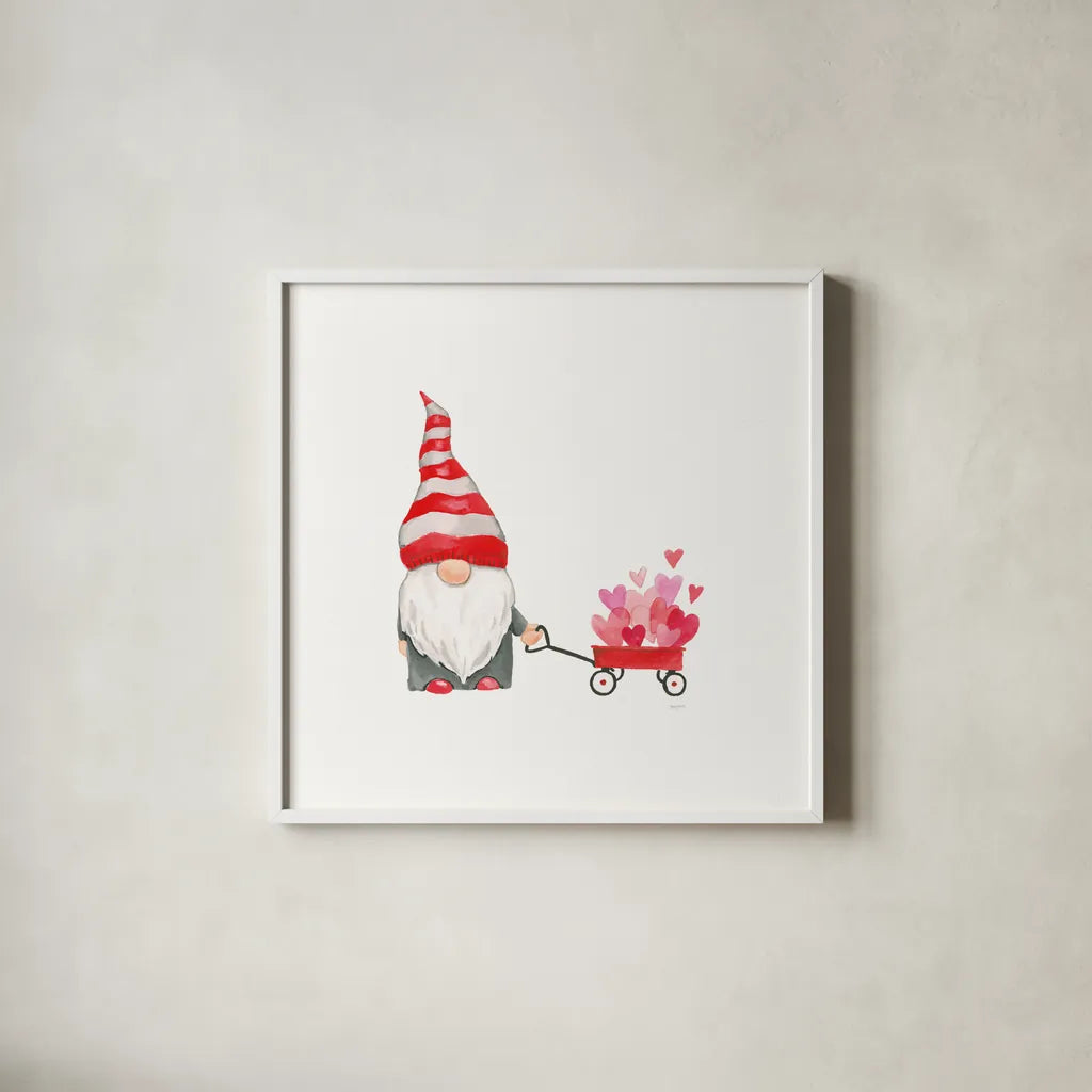 Gnomes in Love III by Jenaya Jackson. Shown in a crisp white glass frame for a clean and minimalist style. Available as an archival giclee rolled canvas, fine art paper, or poster print. SKU 71278a.