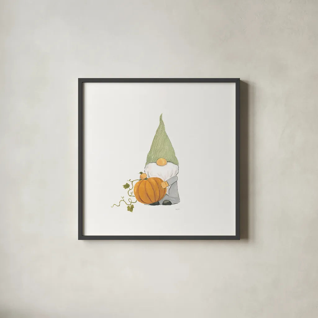 Harvest Gnomes I by Jenaya Jackson. Shown in a sleek black glass frame for a contemporary gallery look. Available as an archival giclee rolled canvas, fine art paper, or poster print. SKU 71266a.