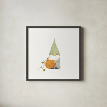 Harvest Gnomes I by Jenaya Jackson. Shown in a sleek black glass frame for a contemporary gallery look. Available as an archival giclee rolled canvas, fine art paper, or poster print. SKU 71266a.