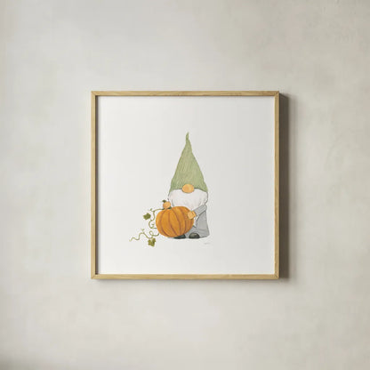 Harvest Gnomes I by Jenaya Jackson. Shown in a natural wood glass frame for a timeless modern aesthetic. Available as an archival giclee rolled canvas, fine art paper, or poster print. SKU 71266a.