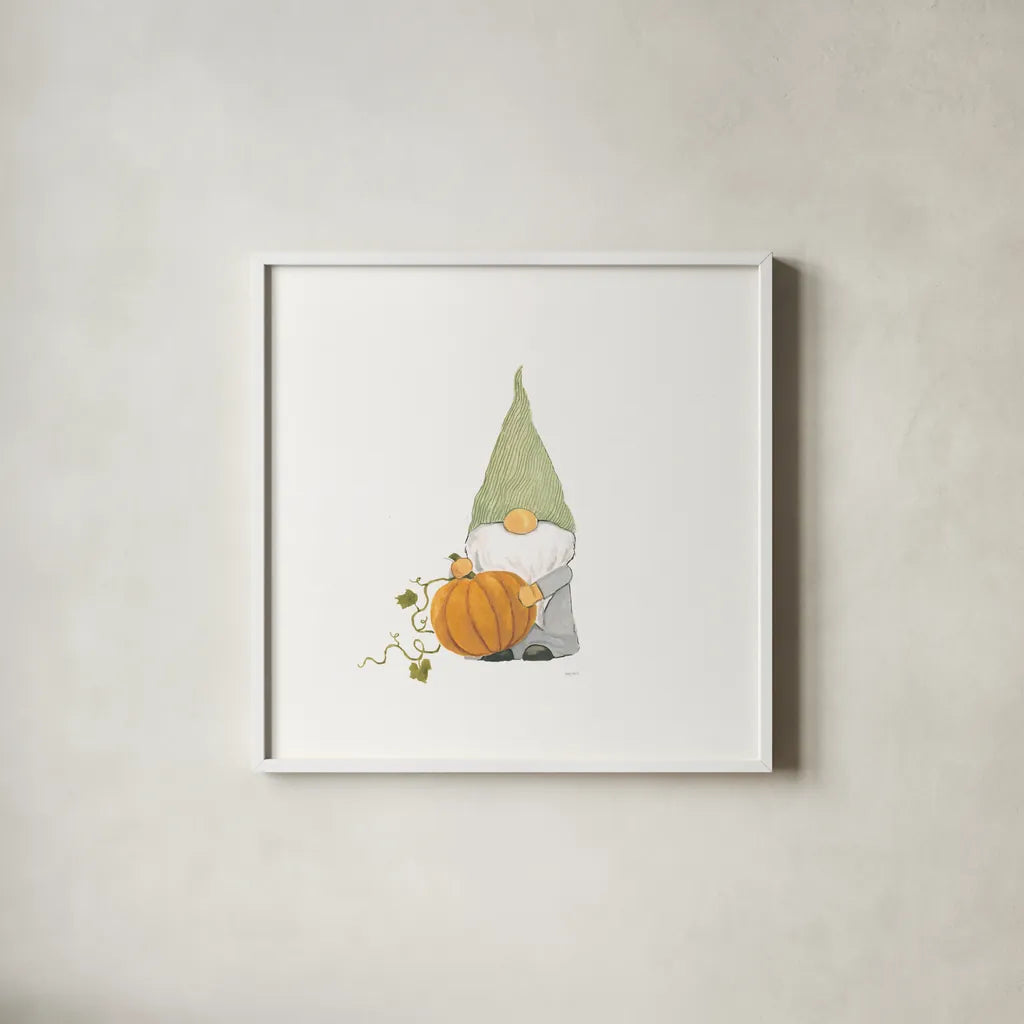 Harvest Gnomes I by Jenaya Jackson. Shown in a crisp white glass frame for a clean and minimalist style. Available as an archival giclee rolled canvas, fine art paper, or poster print. SKU 71266a.