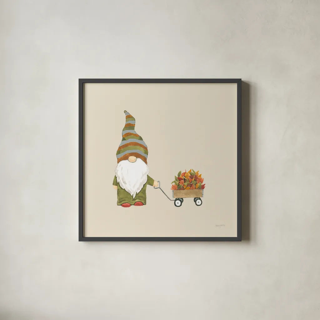 Harvest Gnomes II Neutral by Jenaya Jackson. Shown in a sleek black glass frame for a contemporary gallery look. Available as an archival giclee rolled canvas, fine art paper, or poster print. SKU 74805a.