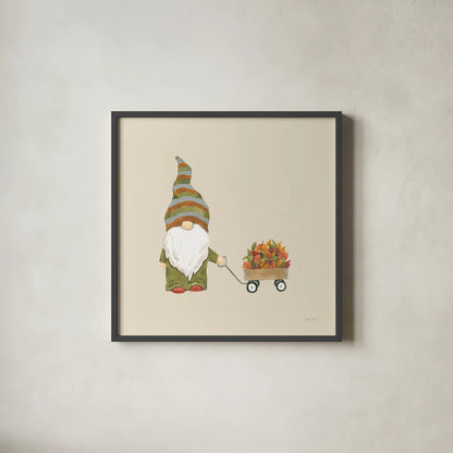 Harvest Gnomes II Neutral by Jenaya Jackson. Shown in a sleek black glass frame for a contemporary gallery look. Available as an archival giclee rolled canvas, fine art paper, or poster print. SKU 74805a.