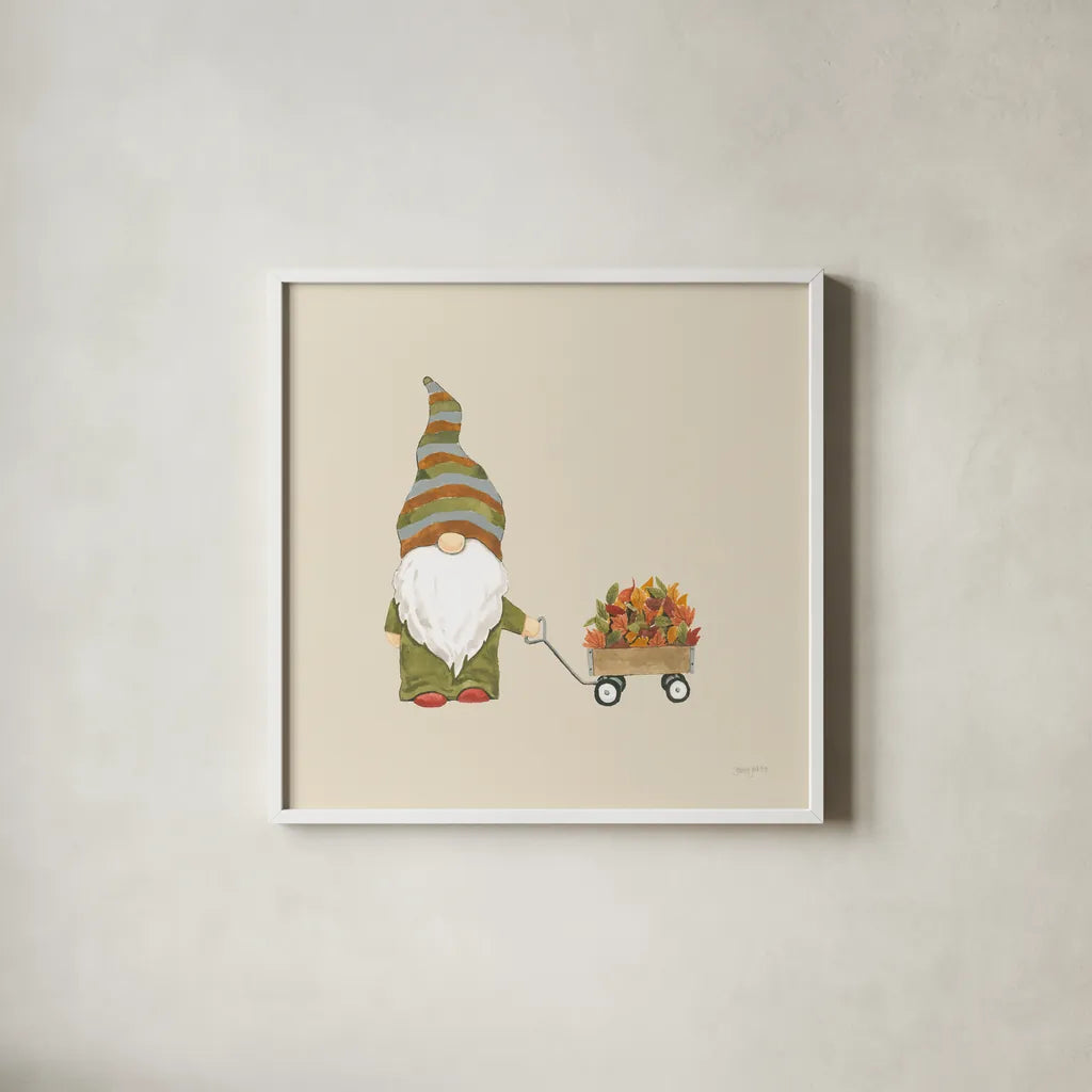 Harvest Gnomes II Neutral by Jenaya Jackson. Shown in a crisp white glass frame for a clean and minimalist style. Available as an archival giclee rolled canvas, fine art paper, or poster print. SKU 74805a.