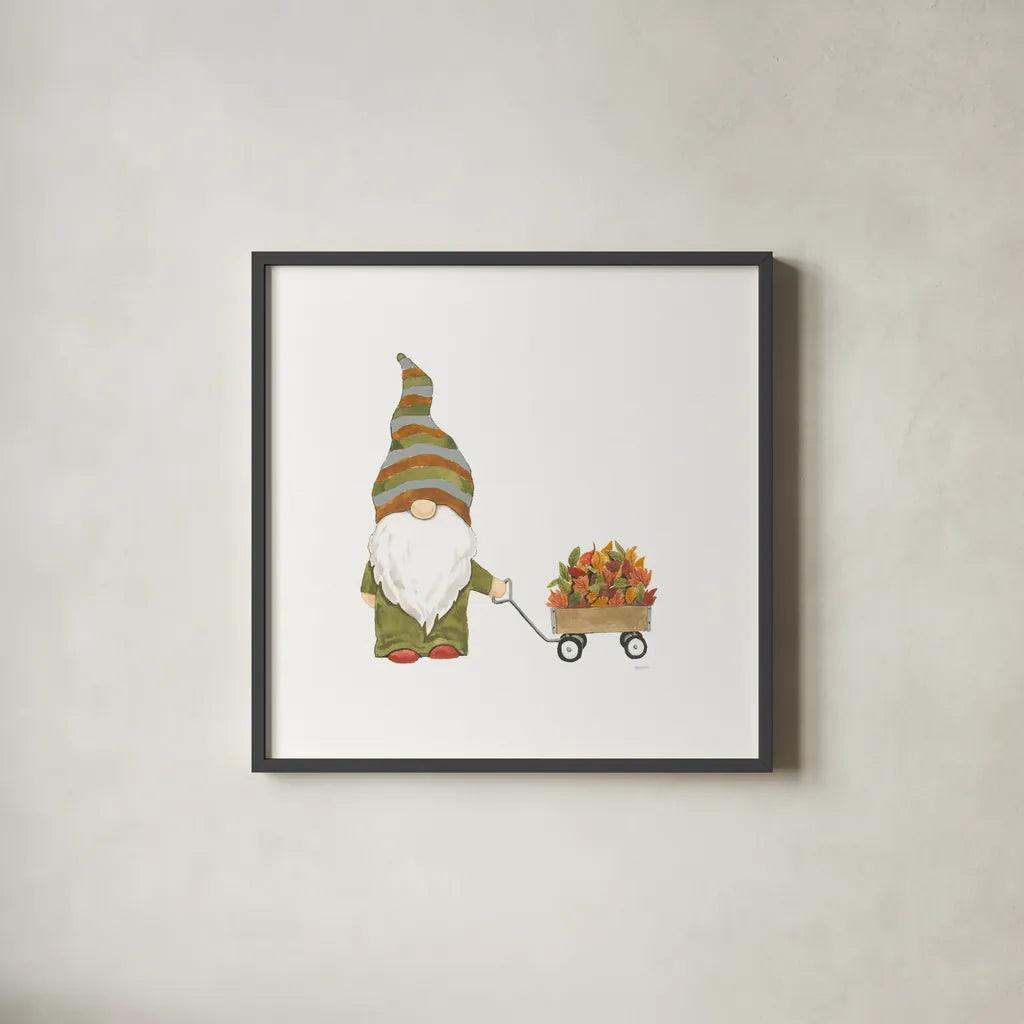 Havest Gnomes II by Jenaya Jackson. Shown in a sleek black glass frame for a contemporary gallery look. Available as an archival giclee rolled canvas, fine art paper, or poster print. SKU 71267a.