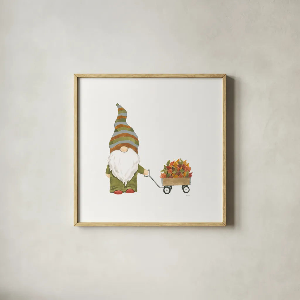Havest Gnomes II by Jenaya Jackson. Shown in a natural wood glass frame for a timeless modern aesthetic. Available as an archival giclee rolled canvas, fine art paper, or poster print. SKU 71267a.