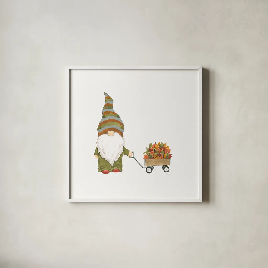 Havest Gnomes II by Jenaya Jackson. Shown in a crisp white glass frame for a clean and minimalist style. Available as an archival giclee rolled canvas, fine art paper, or poster print. SKU 71267a.