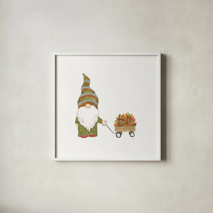Havest Gnomes II by Jenaya Jackson. Shown in a crisp white glass frame for a clean and minimalist style. Available as an archival giclee rolled canvas, fine art paper, or poster print. SKU 71267a.