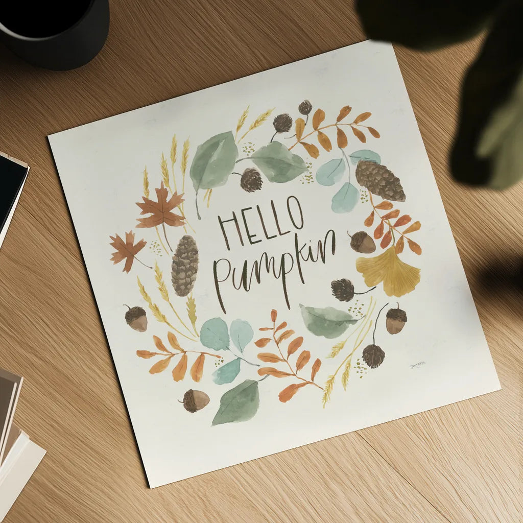 Hello Pumpkin I by Jenaya Jackson. Shown as a detailed flat fine art print, highlighting archival giclee quality. Available as an archival giclee rolled canvas, fine art paper, or poster print. SKU 76990a.