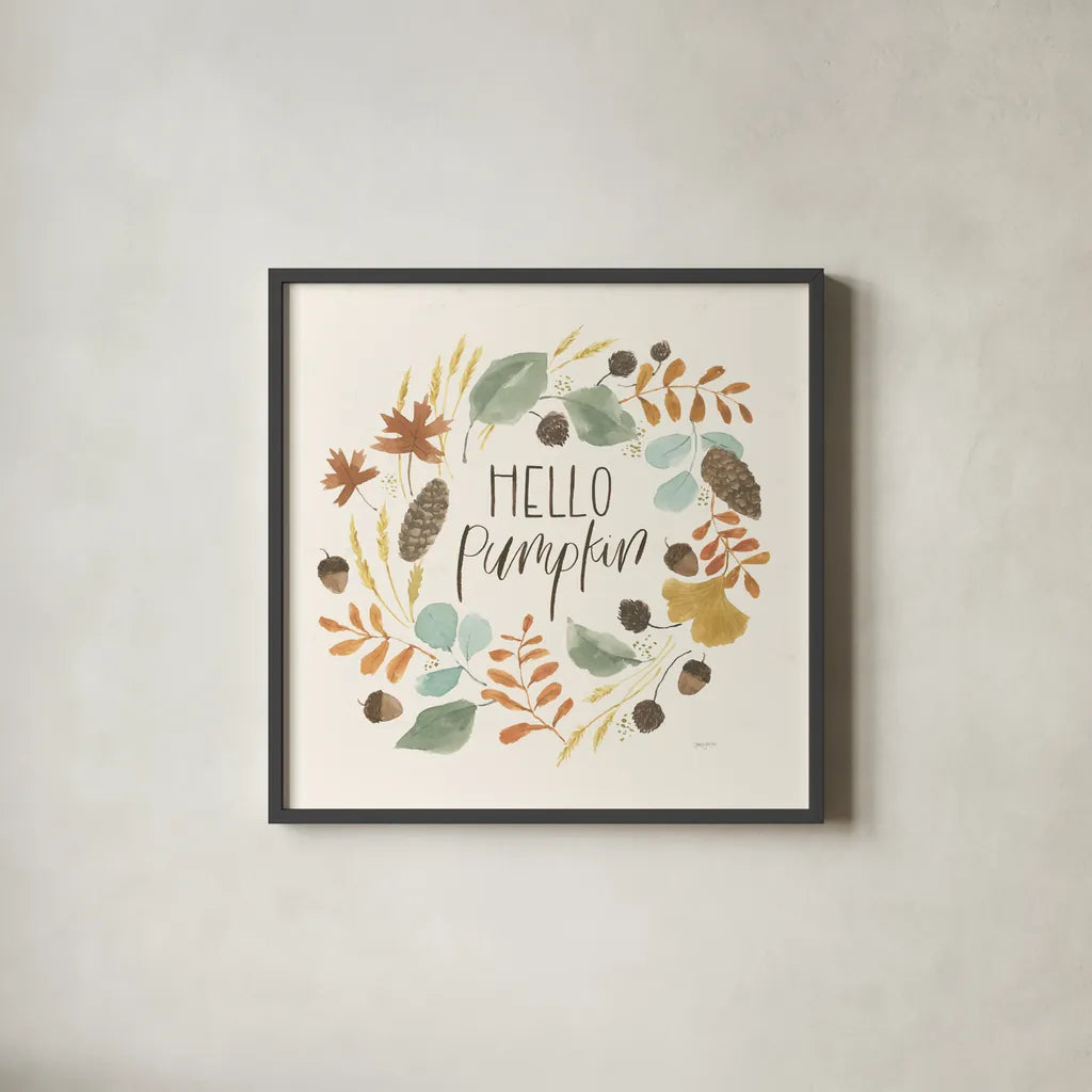 Hello Pumpkin I by Jenaya Jackson. Shown in a sleek black glass frame for a contemporary gallery look. Available as an archival giclee rolled canvas, fine art paper, or poster print. SKU 76990a.