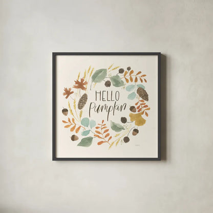 Hello Pumpkin I by Jenaya Jackson. Shown in a sleek black glass frame for a contemporary gallery look. Available as an archival giclee rolled canvas, fine art paper, or poster print. SKU 76990a.