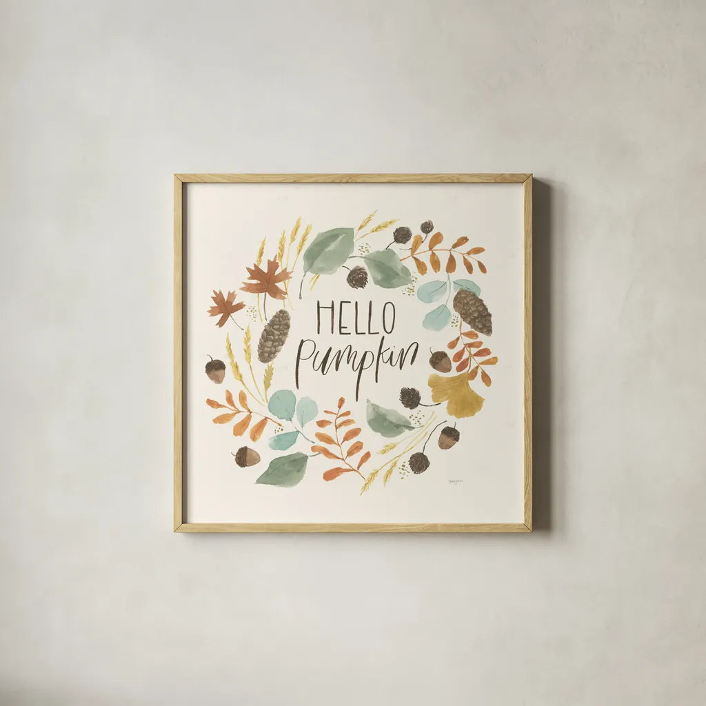 Hello Pumpkin I by Jenaya Jackson. Shown in a natural wood glass frame for a timeless modern aesthetic. Available as an archival giclee rolled canvas, fine art paper, or poster print. SKU 76990a.
