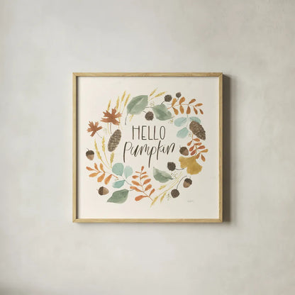 Hello Pumpkin I by Jenaya Jackson. Shown in a natural wood glass frame for a timeless modern aesthetic. Available as an archival giclee rolled canvas, fine art paper, or poster print. SKU 76990a.
