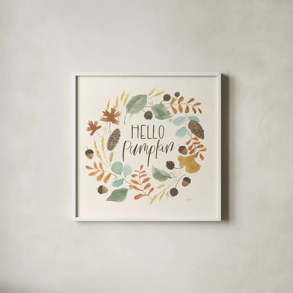 Hello Pumpkin I by Jenaya Jackson. Shown in a crisp white glass frame for a clean and minimalist style. Available as an archival giclee rolled canvas, fine art paper, or poster print. SKU 76990a.