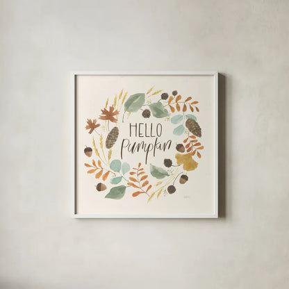Hello Pumpkin I by Jenaya Jackson. Shown in a crisp white glass frame for a clean and minimalist style. Available as an archival giclee rolled canvas, fine art paper, or poster print. SKU 76990a.
