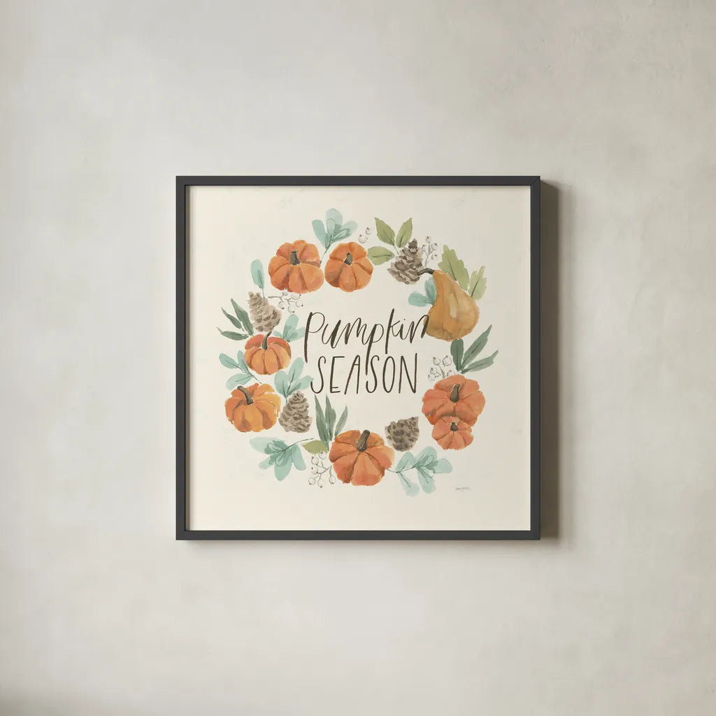 Hello Pumpkin II by Jenaya Jackson. Shown in a sleek black glass frame for a contemporary gallery look. Available as an archival giclee rolled canvas, fine art paper, or poster print. SKU 76991a.