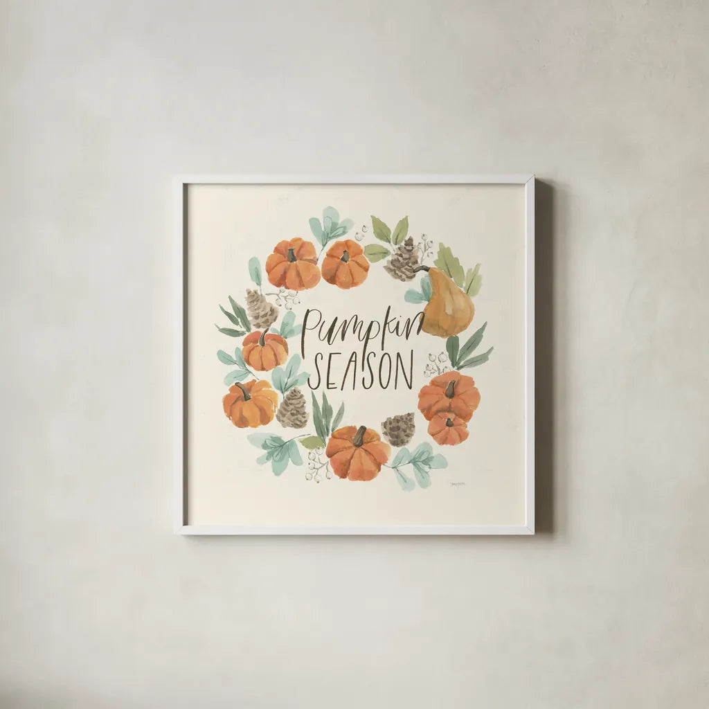 Hello Pumpkin II by Jenaya Jackson. Shown in a crisp white glass frame for a clean and minimalist style. Available as an archival giclee rolled canvas, fine art paper, or poster print. SKU 76991a.