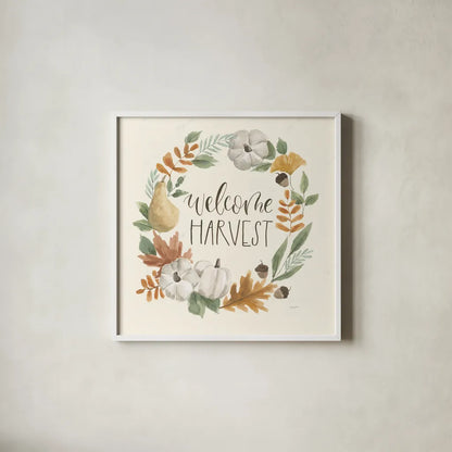 Hello Pumpkin IV by Jenaya Jackson. Shown in a crisp white glass frame for a clean and minimalist style. Available as an archival giclee rolled canvas, fine art paper, or poster print. SKU 76993a.