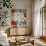 Holly and Pine I by Jenaya Jackson. Shown in a natural wood frame in a cozy modern living room. Available as an archival giclee rolled canvas, fine art paper, or poster print. SKU 86601a.