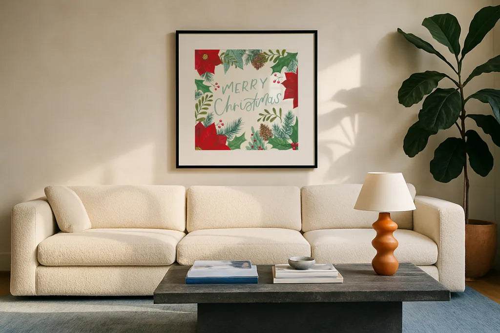 Holly and Pine I by Jenaya Jackson. Displayed in a glass frame with matte in a clean modern living room. Available as an archival giclee rolled canvas, fine art paper, or poster print. SKU 86601a.