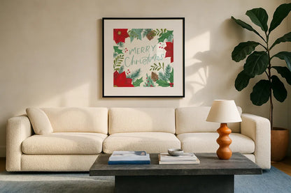 Holly and Pine I by Jenaya Jackson. Displayed in a glass frame with matte in a clean modern living room. Available as an archival giclee rolled canvas, fine art paper, or poster print. SKU 86601a.