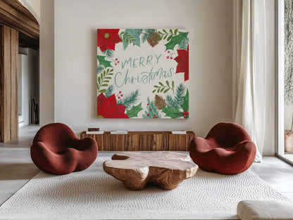 Holly and Pine I by Jenaya Jackson. Shown as extra-large giant wall art in a modern living room. Available as an archival giclee rolled canvas, fine art paper, or poster print. SKU 86601a.