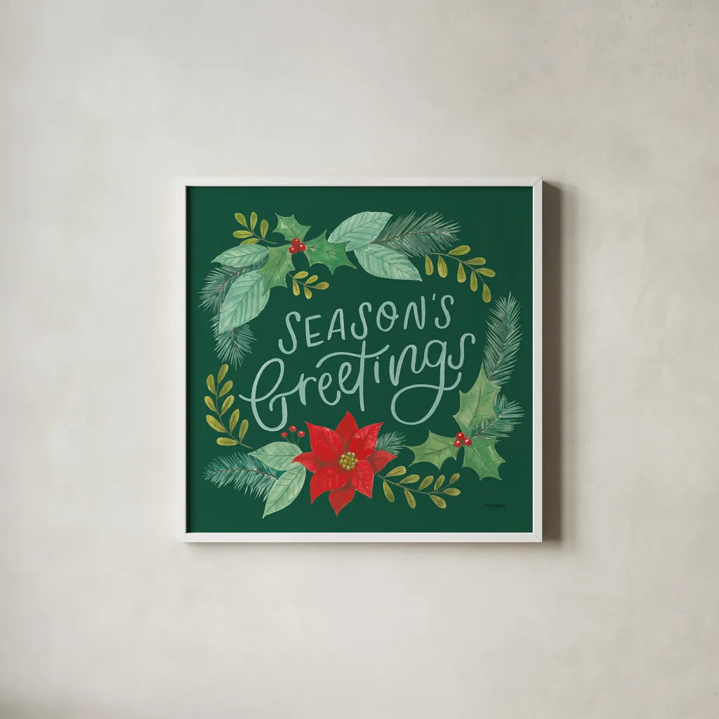 Holly and Pine II by Jenaya Jackson. Shown in a crisp white glass frame for a clean and minimalist style. Available as an archival giclee rolled canvas, fine art paper, or poster print. SKU 86602a.