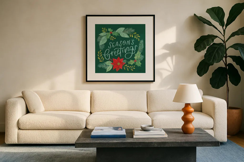 Holly and Pine II by Jenaya Jackson. Displayed in a glass frame with matte in a clean modern living room. Available as an archival giclee rolled canvas, fine art paper, or poster print. SKU 86602a.
