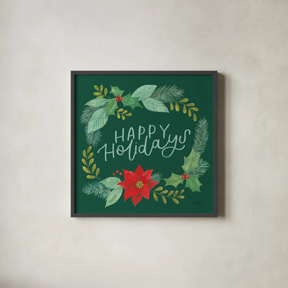 Holly and Pine II Holidays by Jenaya Jackson. Shown in a sleek black glass frame for a contemporary gallery look. Available as an archival giclee rolled canvas, fine art paper, or poster print. SKU 89942a.