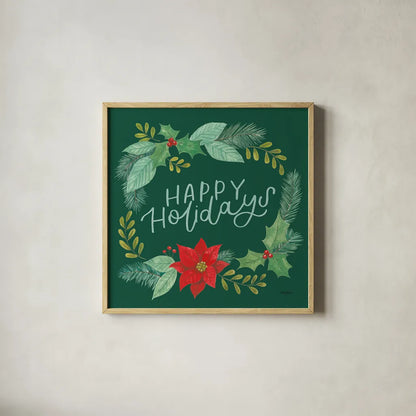 Holly and Pine II Holidays by Jenaya Jackson. Shown in a natural wood glass frame for a timeless modern aesthetic. Available as an archival giclee rolled canvas, fine art paper, or poster print. SKU 89942a.