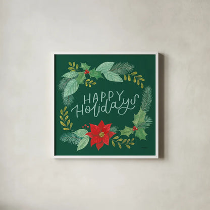 Holly and Pine II Holidays by Jenaya Jackson. Shown in a crisp white glass frame for a clean and minimalist style. Available as an archival giclee rolled canvas, fine art paper, or poster print. SKU 89942a.