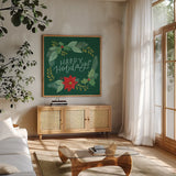 Holly and Pine II Holidays by Jenaya Jackson. Shown in a natural wood frame in a cozy modern living room. Available as an archival giclee rolled canvas, fine art paper, or poster print. SKU 89942a.