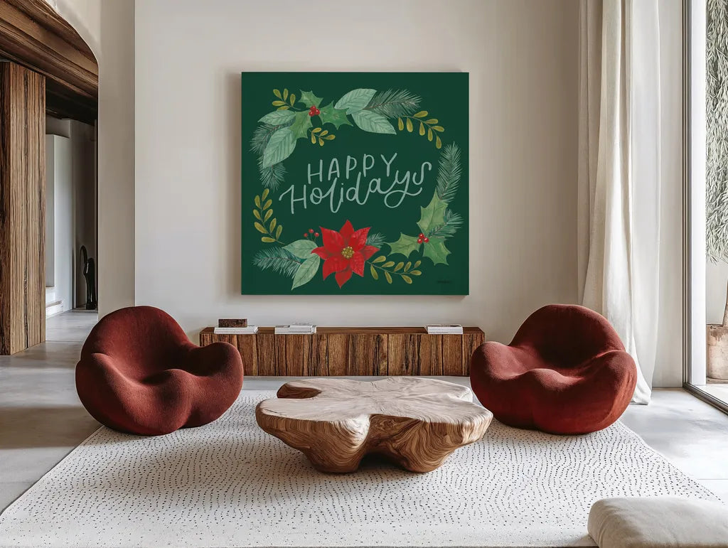 Holly and Pine II Holidays by Jenaya Jackson. Shown as extra-large giant wall art in a modern living room. Available as an archival giclee rolled canvas, fine art paper, or poster print. SKU 89942a.