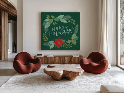 Holly and Pine II Holidays by Jenaya Jackson. Shown as extra-large giant wall art in a modern living room. Available as an archival giclee rolled canvas, fine art paper, or poster print. SKU 89942a.