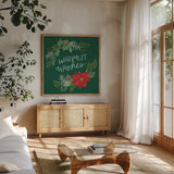 Holly and Pine III by Jenaya Jackson. Shown in a natural wood frame in a cozy modern living room. Available as an archival giclee rolled canvas, fine art paper, or poster print. SKU 86603a.