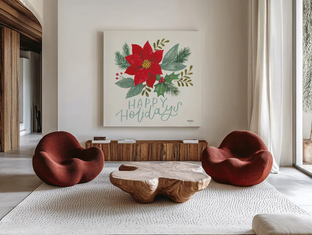 Holly and Pine IV by Jenaya Jackson. Shown as extra-large giant wall art in a modern living room. Available as an archival giclee rolled canvas, fine art paper, or poster print. SKU 86604a.