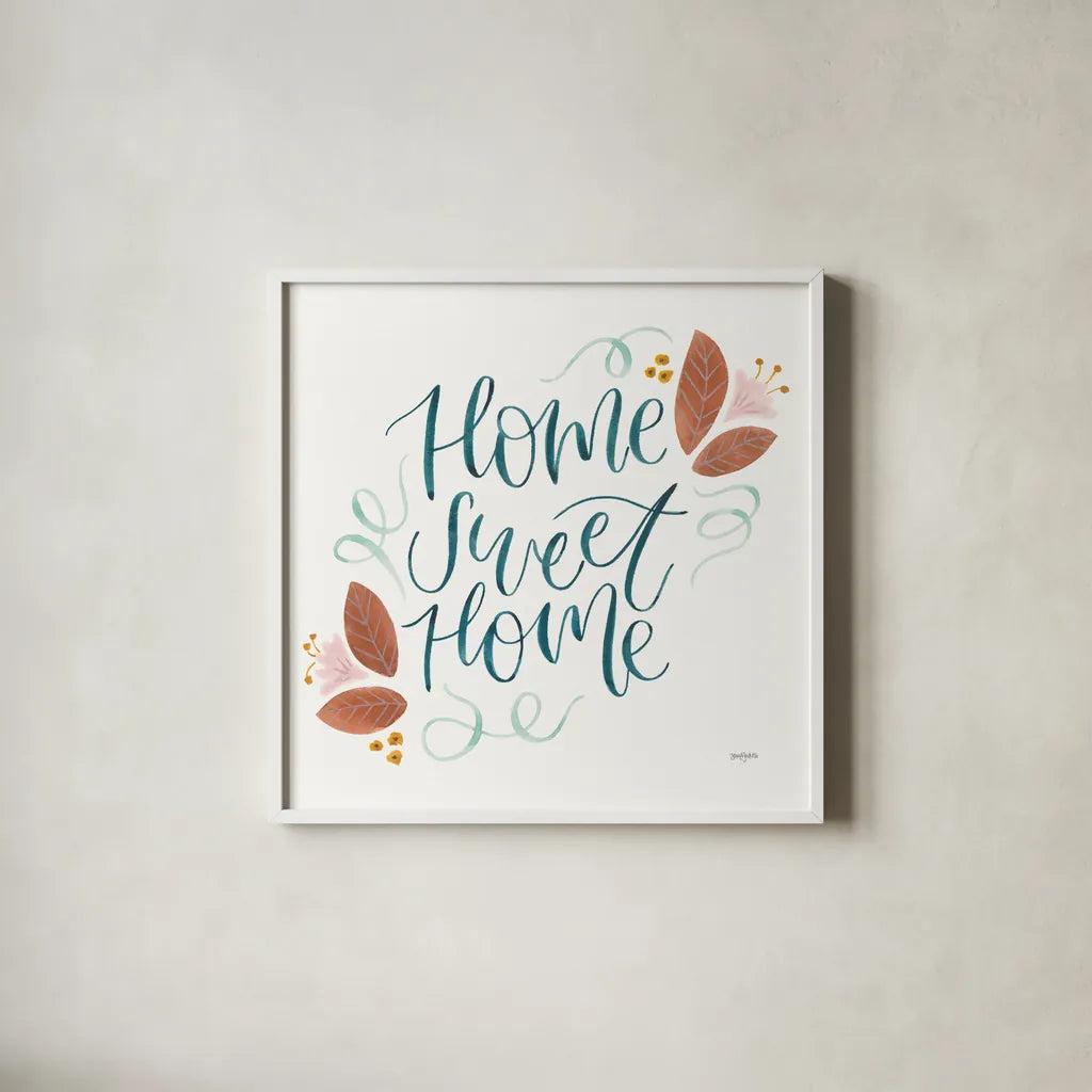 Home Sweet Home I by Jenaya Jackson. Shown in a crisp white glass frame for a clean and minimalist style. Available as an archival giclee rolled canvas, fine art paper, or poster print. SKU 62724a.
