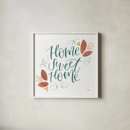 Home Sweet Home I by Jenaya Jackson. Shown in a crisp white glass frame for a clean and minimalist style. Available as an archival giclee rolled canvas, fine art paper, or poster print. SKU 62724a.