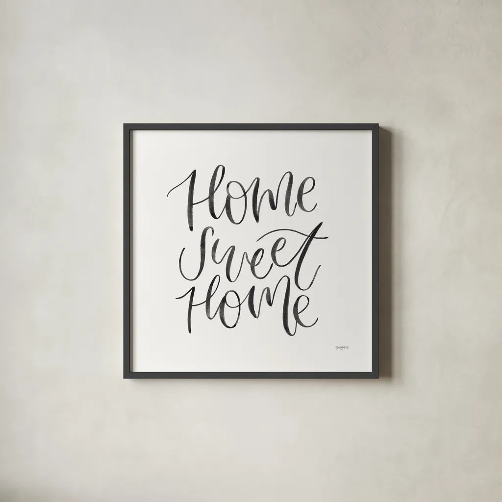 Home Sweet Home I BW by Jenaya Jackson. Shown in a sleek black glass frame for a contemporary gallery look. Available as an archival giclee rolled canvas, fine art paper, or poster print. SKU 64038a.