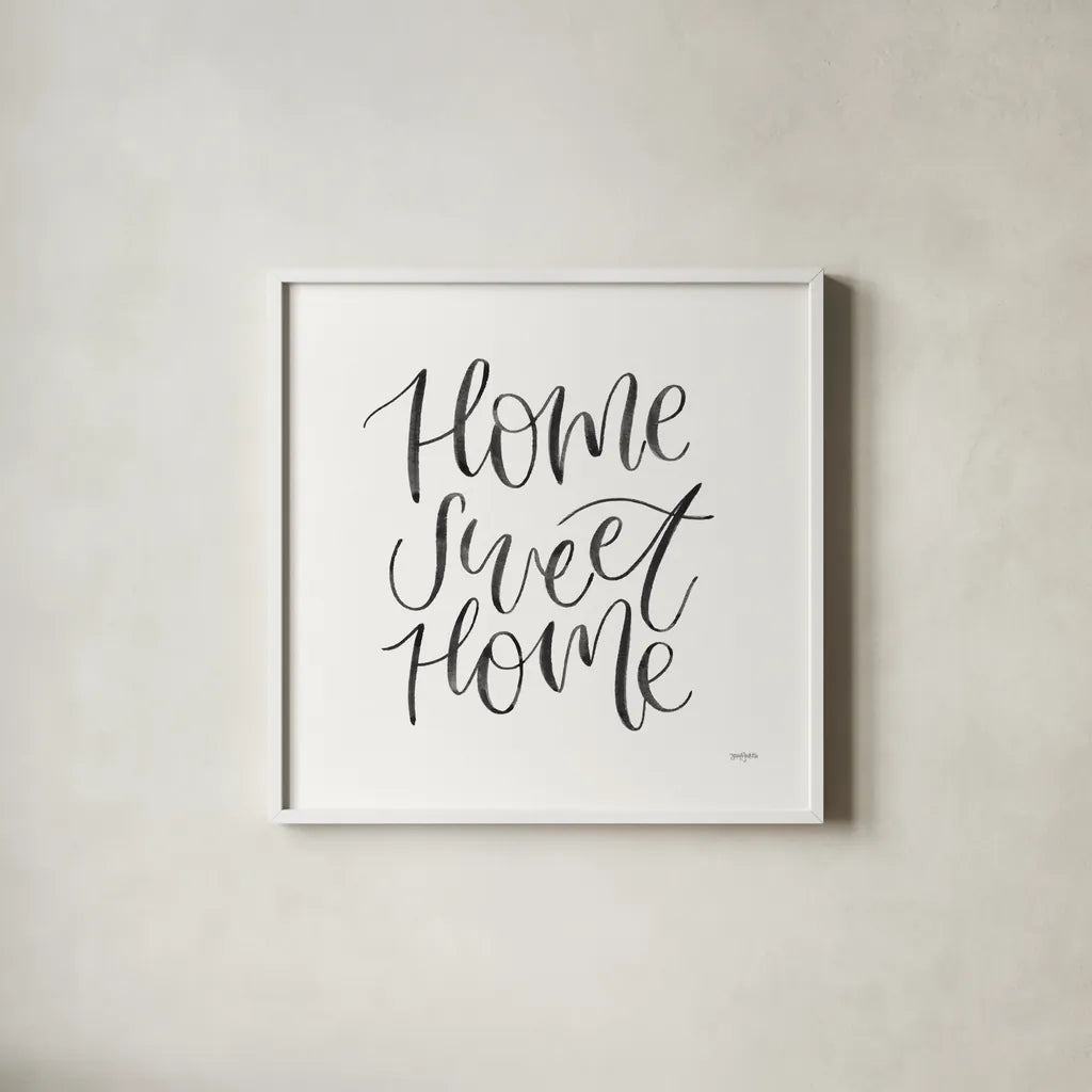 Home Sweet Home I BW by Jenaya Jackson. Shown in a crisp white glass frame for a clean and minimalist style. Available as an archival giclee rolled canvas, fine art paper, or poster print. SKU 64038a.