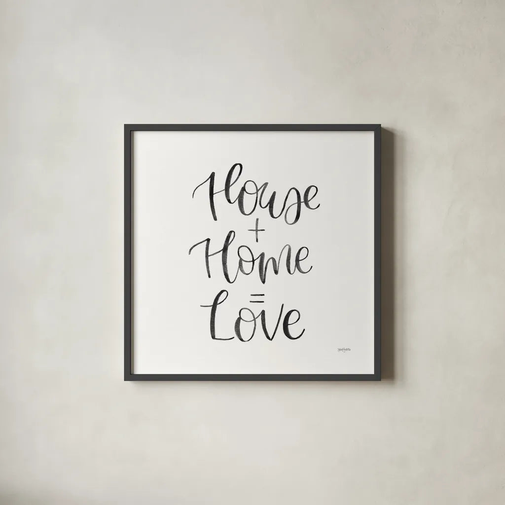 Home Sweet Home III BW by Jenaya Jackson. Shown in a sleek black glass frame for a contemporary gallery look. Available as an archival giclee rolled canvas, fine art paper, or poster print. SKU 64040a.